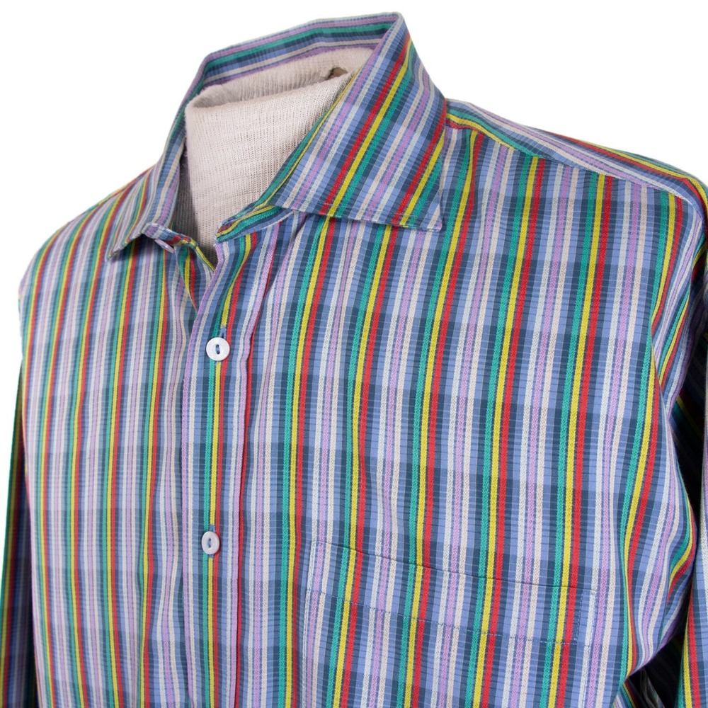 Bugatchi Uomo Mens XL‎ Blue Multicolor Stripe Button Front Long Sleeve Shirt